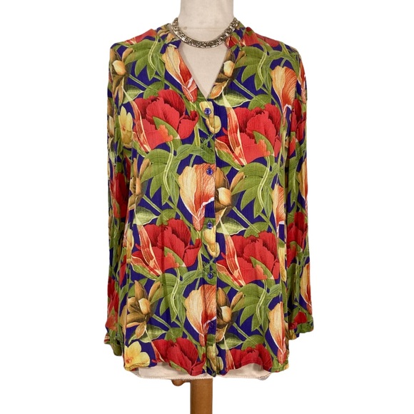 Bright Colored Floral Button Up Blouse - Picture 5 of 6